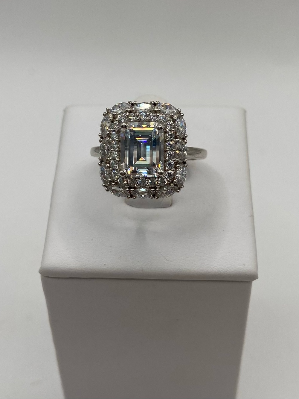 Sterling Silver 925 Emerald Cut Double Halo Simulated Diamond Ring Size 7 1/4